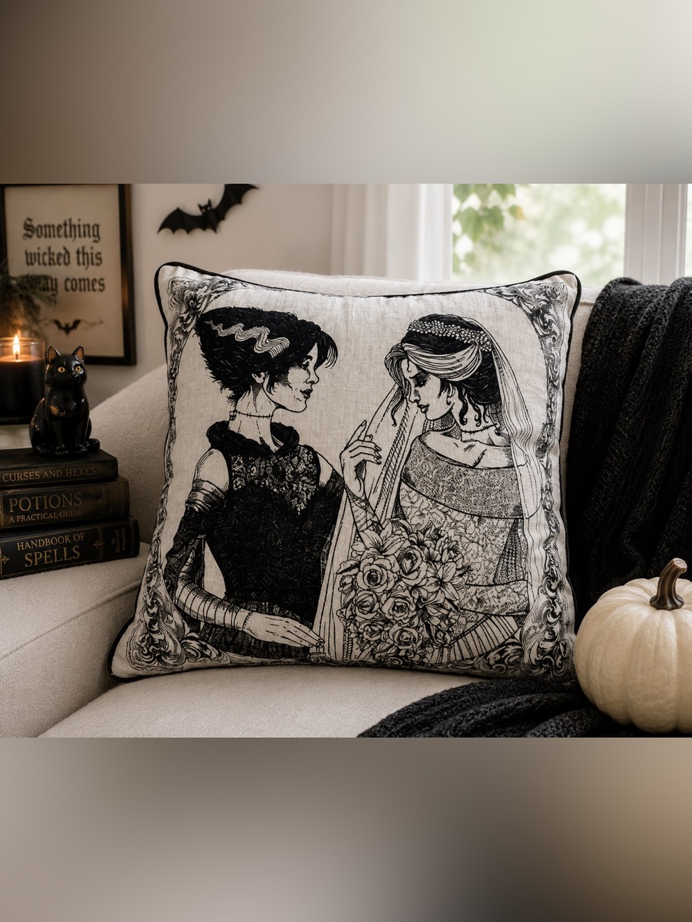 Brides of Frankenstein Pillow, Gothic Horror Halloween LGBTQ Pride